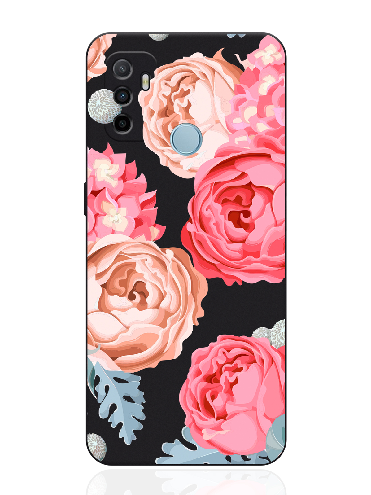 

Чехол для смартфона Oppo A53 черный силиконовый Пионы, Розовый, Oppo