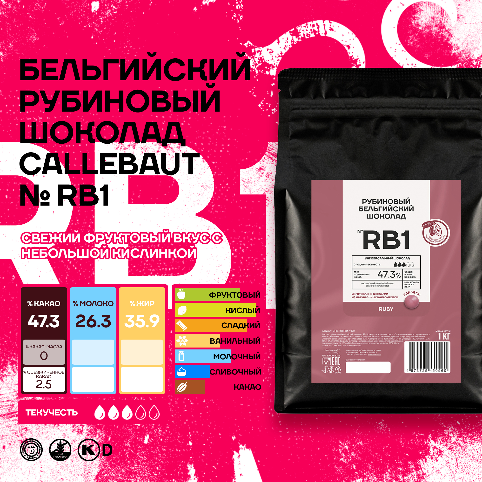 Бельгийский рубиновый шоколад Callebaut Ruby, 1 кг