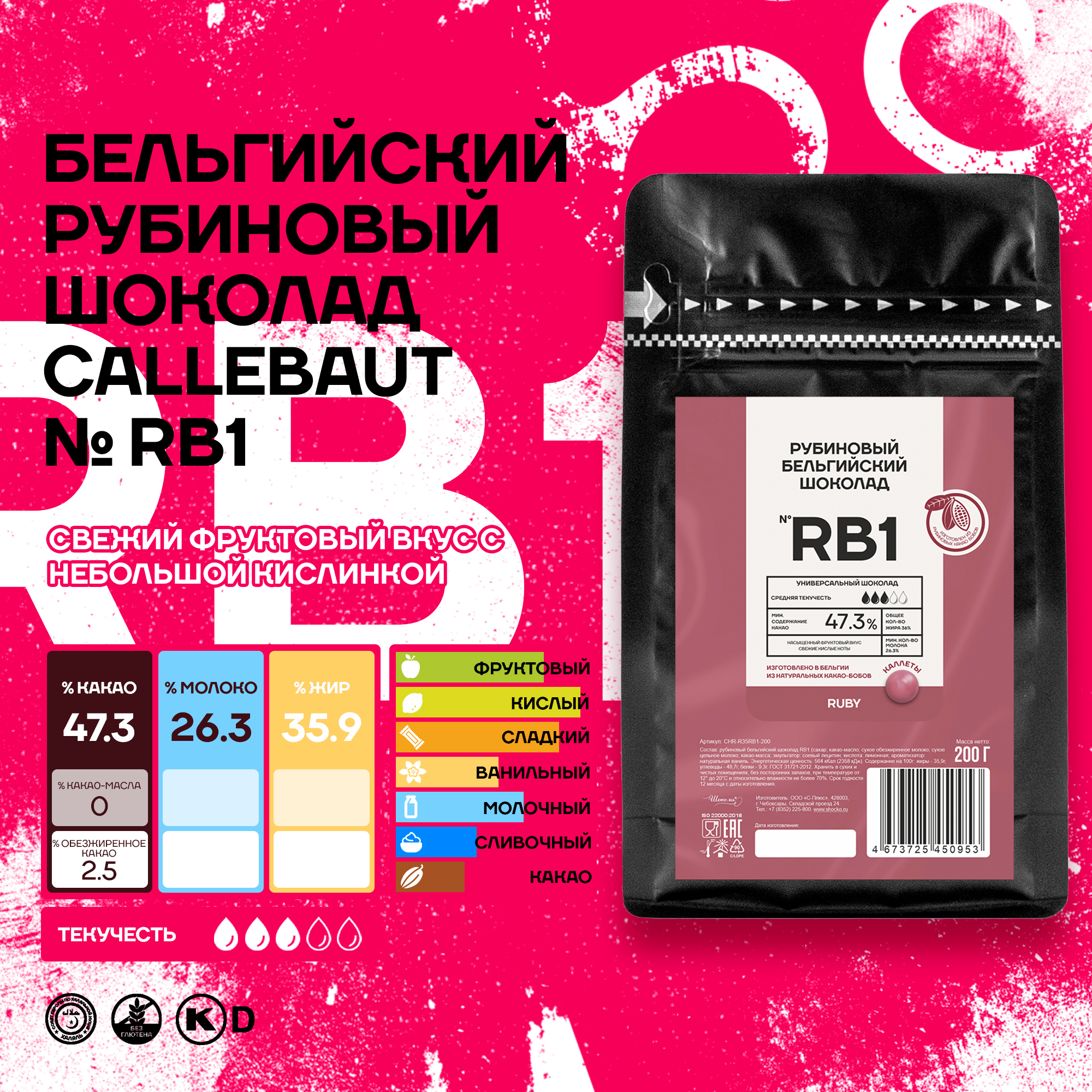 Бельгийский рубиновый шоколад Callebaut Ruby, 0,2 кг