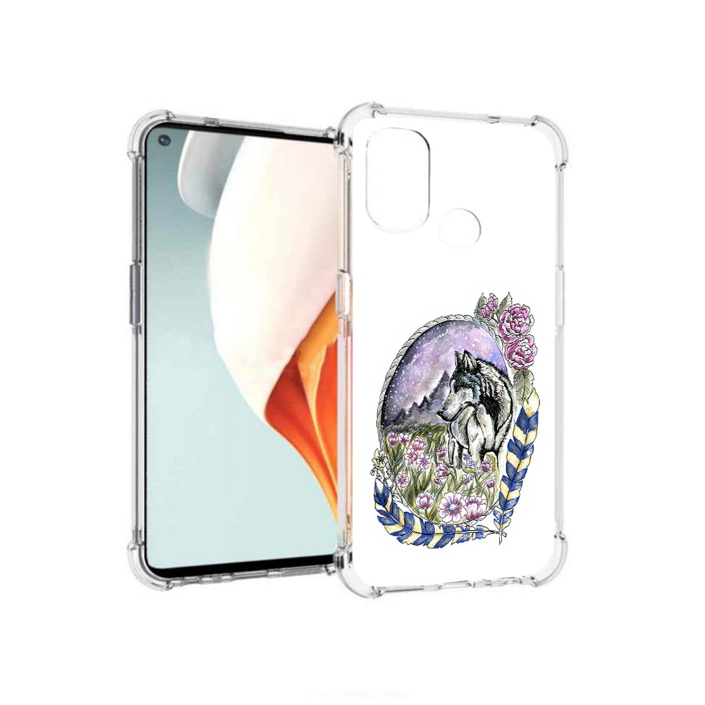 

Чехол MyPads Tocco для OnePlus Nord N100 нарисованный волк в цветах с перьями, Прозрачный, Tocco