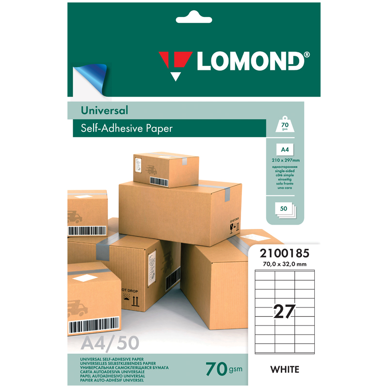 

Бумага самоклеящаяся А4 50л. Lomond, белая, 27 фр. (70*32), 70г/м2, Белый