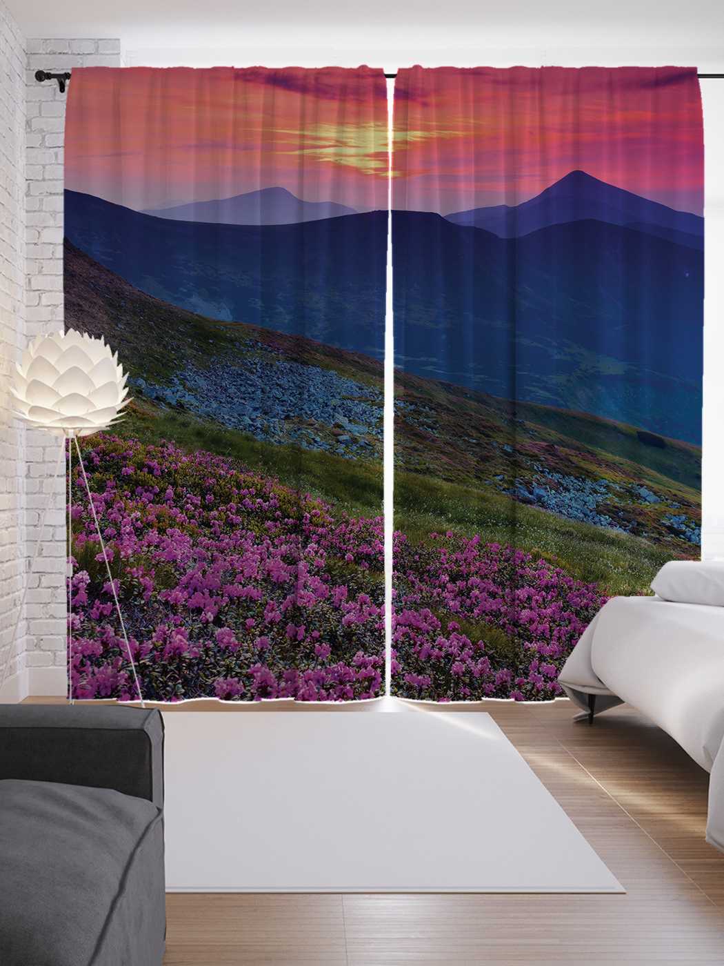 фото Шторы joyarty с фотопечатью "малиновый закат" из сатена, 290х265 см