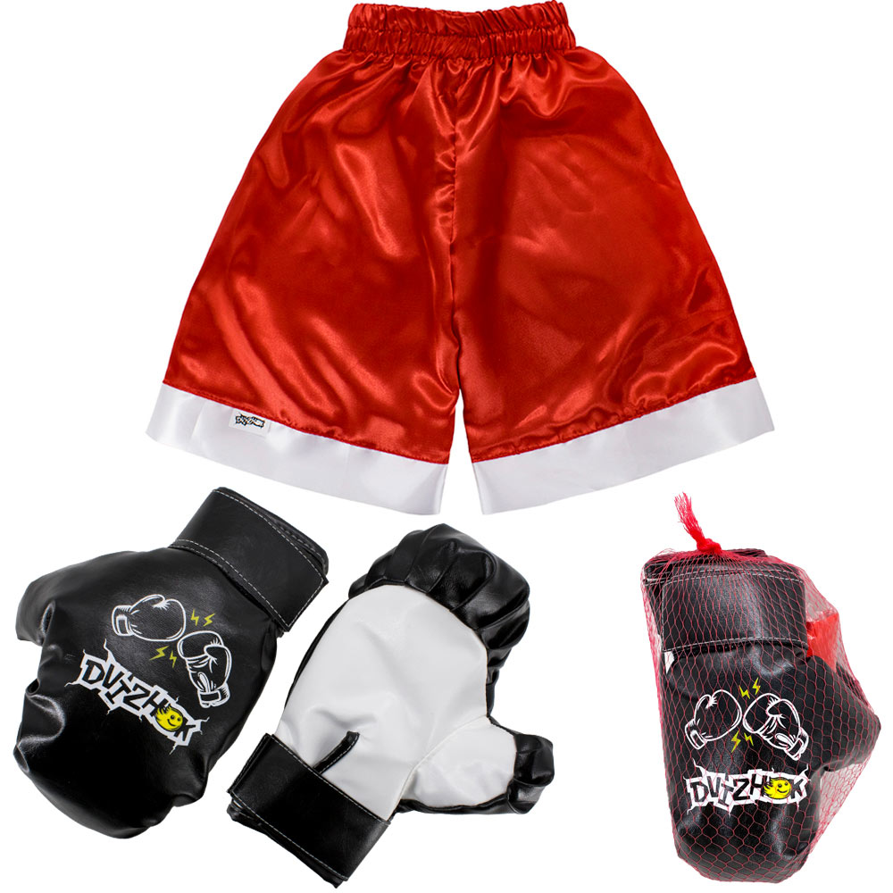 Набор боксерский детский игровой, перчатки c шортами, Dvizhok красный, в сетке