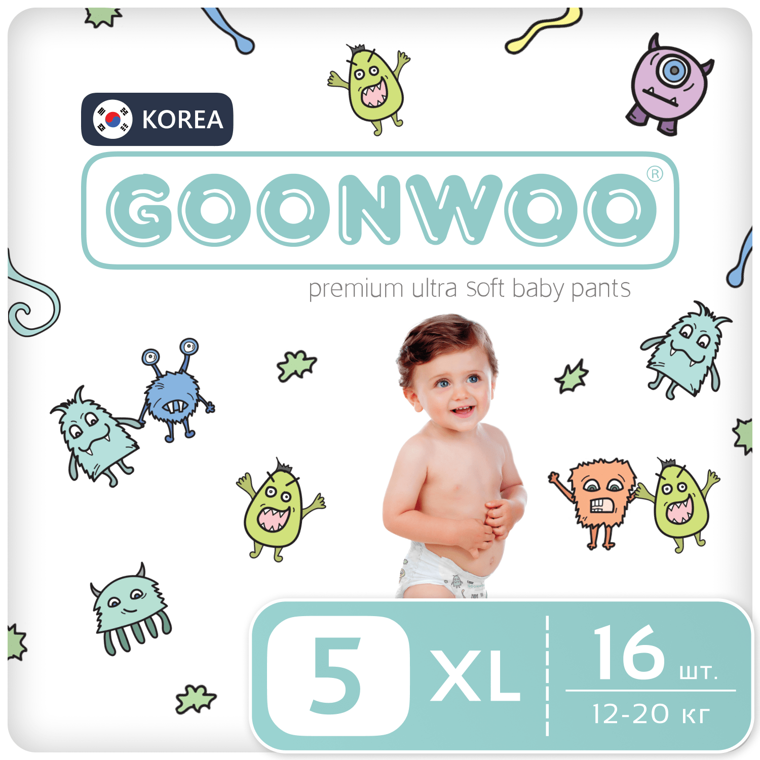 фото Подгузники-трусики goonwoo размер 5 / xl 12 - 20 кг, 16 шт. 193861/monsterville