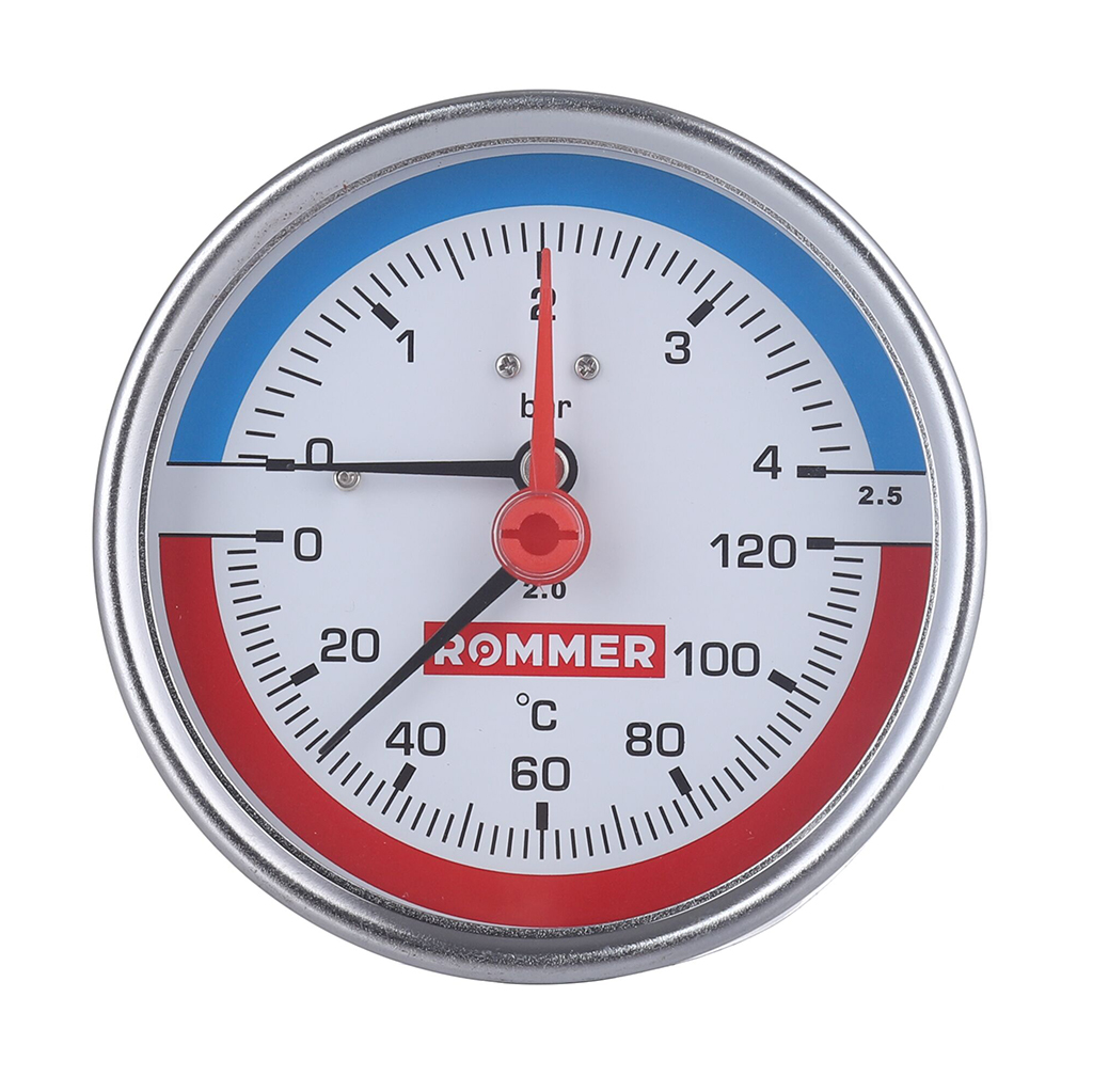 ROMMER Термоманометр аксиальный в комплекте с запорным клап,Dn 80 мм 1/2,0...120°C,0-4 бар