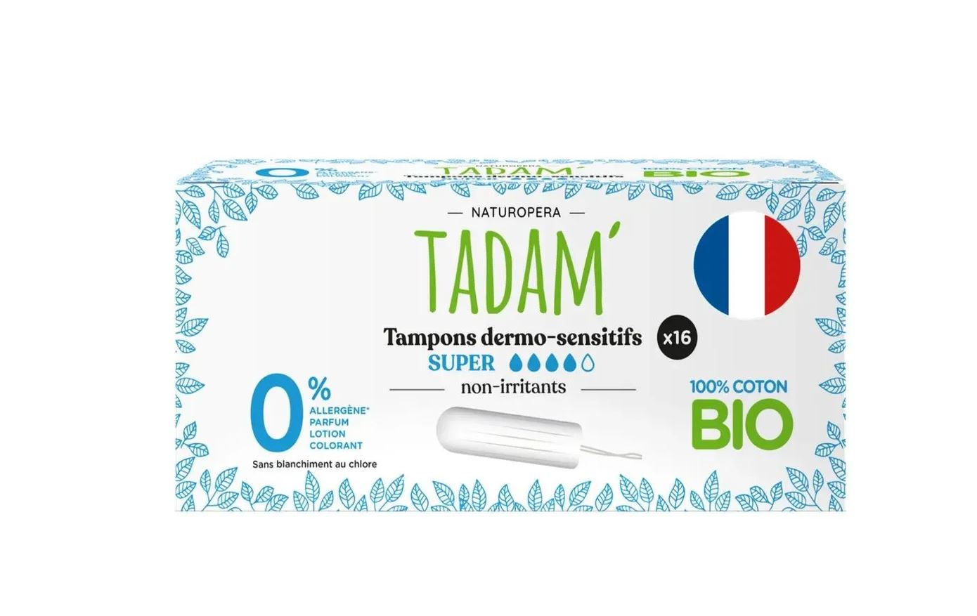 Тампоны TADAM Dermo-Sensitive 100% organic cotton Super 4 кап 16 шт марлевые тампоны стер n2 с грец орех 30х10 шт telasling