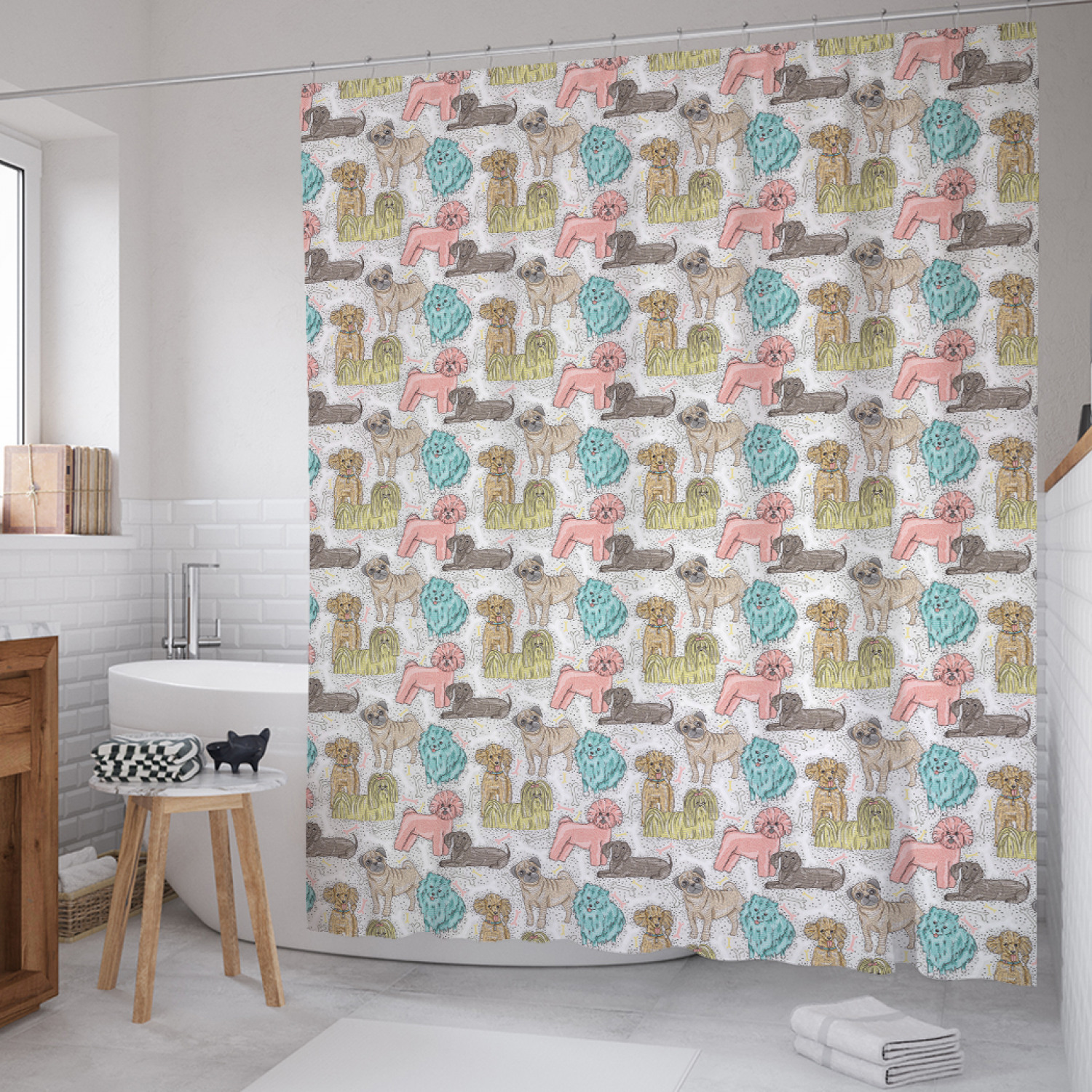 

Штора для ванной JoyArty "Нарисованные собаки" из сатена, 180х200 см с крючками, Голубой, Нарисованные собаки