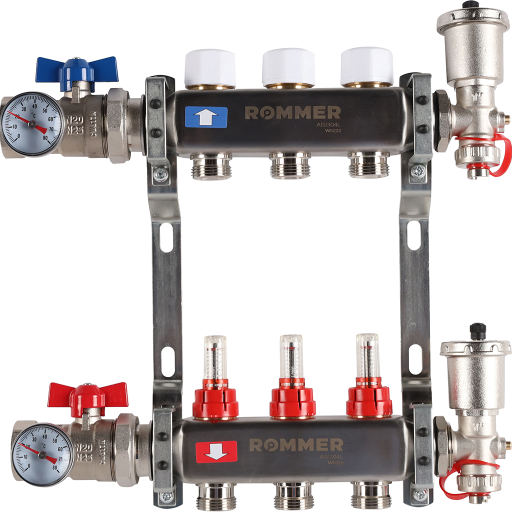 фото Коллектор из нержавеющей стали rommer rms 1210 с расходомерами, 3 вых.