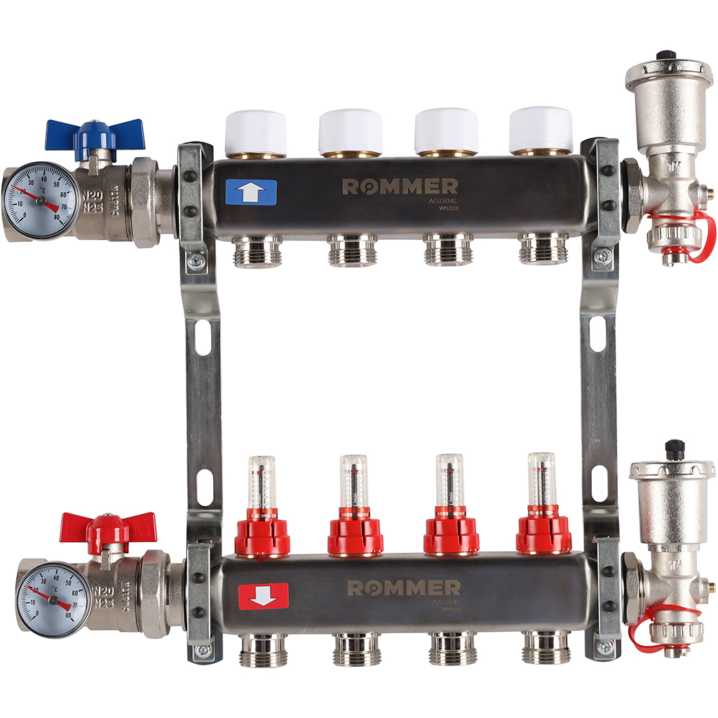 Коллектор из нержавеющей стали Rommer RMS 1210 с расходомерами, 4 вых.