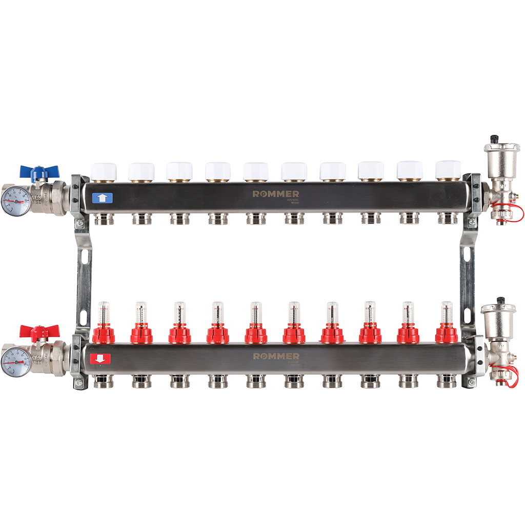 Коллектор из нержавеющей стали Rommer RMS 1210 с расходомерами, 10 вых.