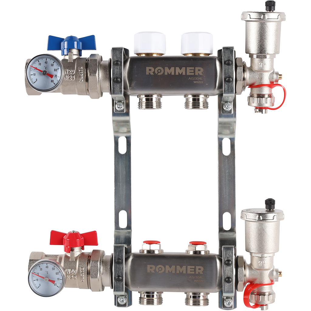 фото Коллектор из нержавеющей стали rommer rms 3210 без расходомеров, 2 вых.