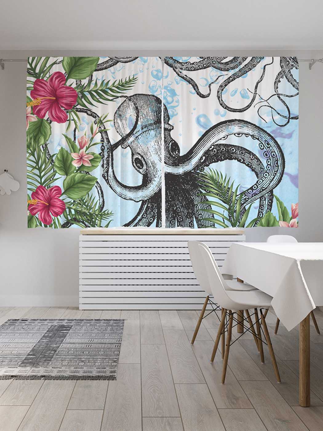 фото Шторы joyarty с фотопечатью "осьминог и цветы" из сатена, 290х180 см