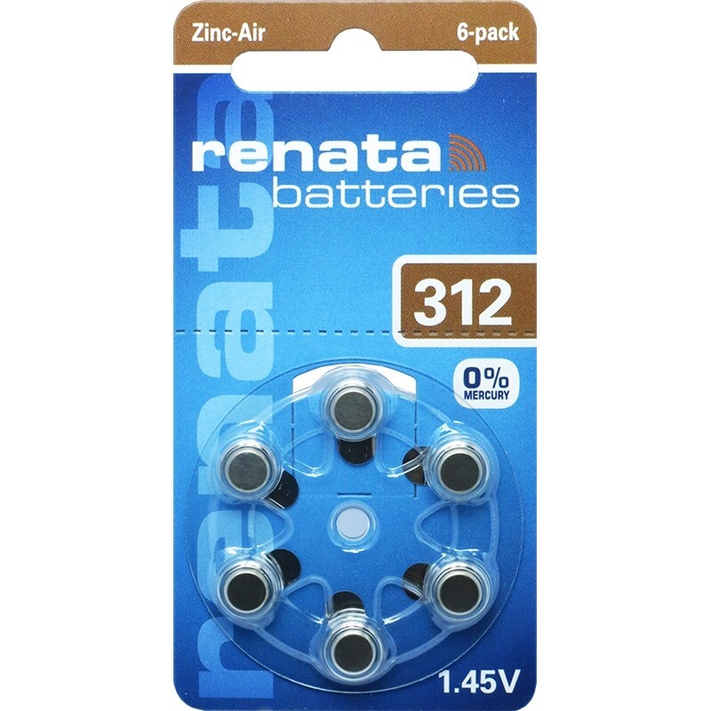 Батарейкa  для слуховых аппаратов renata  ZA312/ воздушно- цинковая/  1.4В/ 6 штук