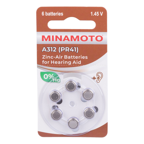 Батарейкa  для слуховых аппаратов MINAMOTO ZA312/ воздушно- цинковая/  1.45В/ 6 штук