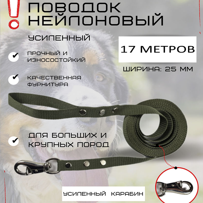 

Поводок для собак Хвостатыч с усиленным карабином, зеленый, нейлон, 17 м х 25 мм