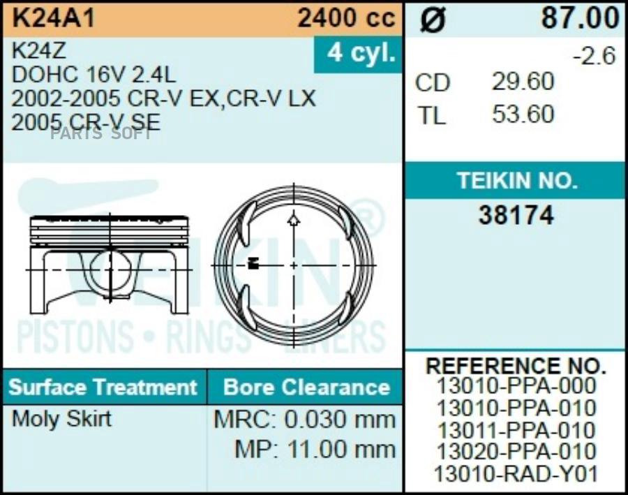 

TEIKIN 38174 STD Поршни к-т 4 шт HONDA Stepwgn/ACCORD/CR-V/STREAM K20A/K24A 02-05 1шт