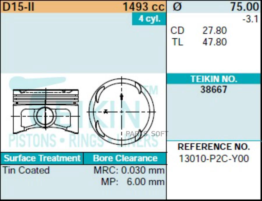 

TEIKIN 38667 050 Поршни к-т 4 шт HONDA CIVIC/PARTNER D15B 92- 1шт