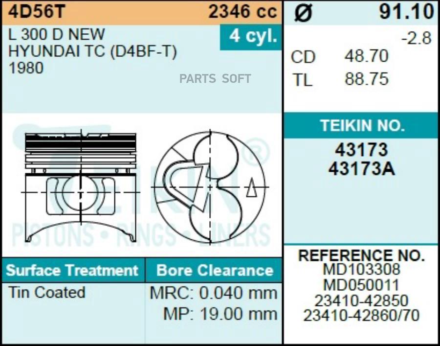 

Поршень Без Колец ( Цена За 1 Шт) Mitsubishi 4D56t D91.1+0.50 TEIKIN 43173050