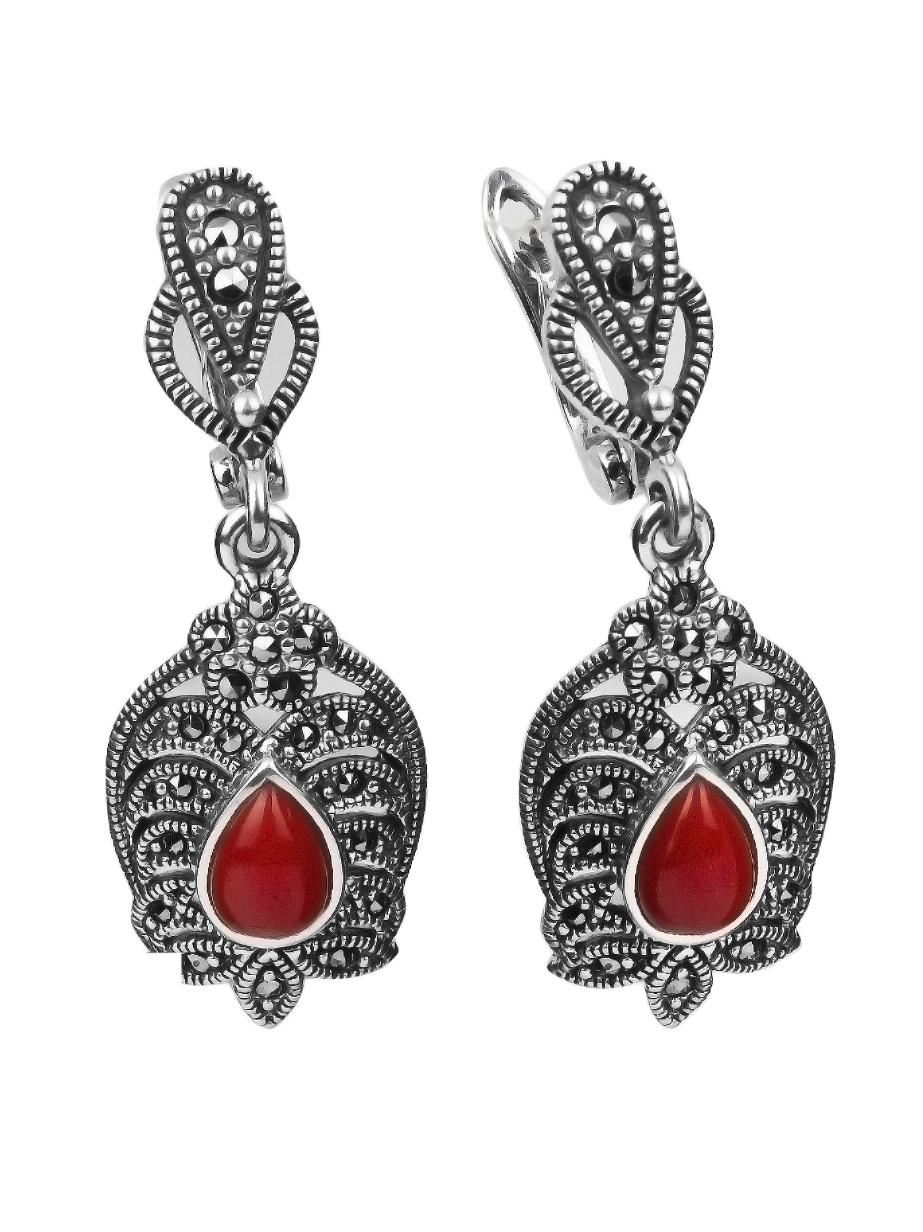 

Серьги из серебра с марказитом/кораллом искусственным Марказит HE057, HE057_марказит, коралл синт.