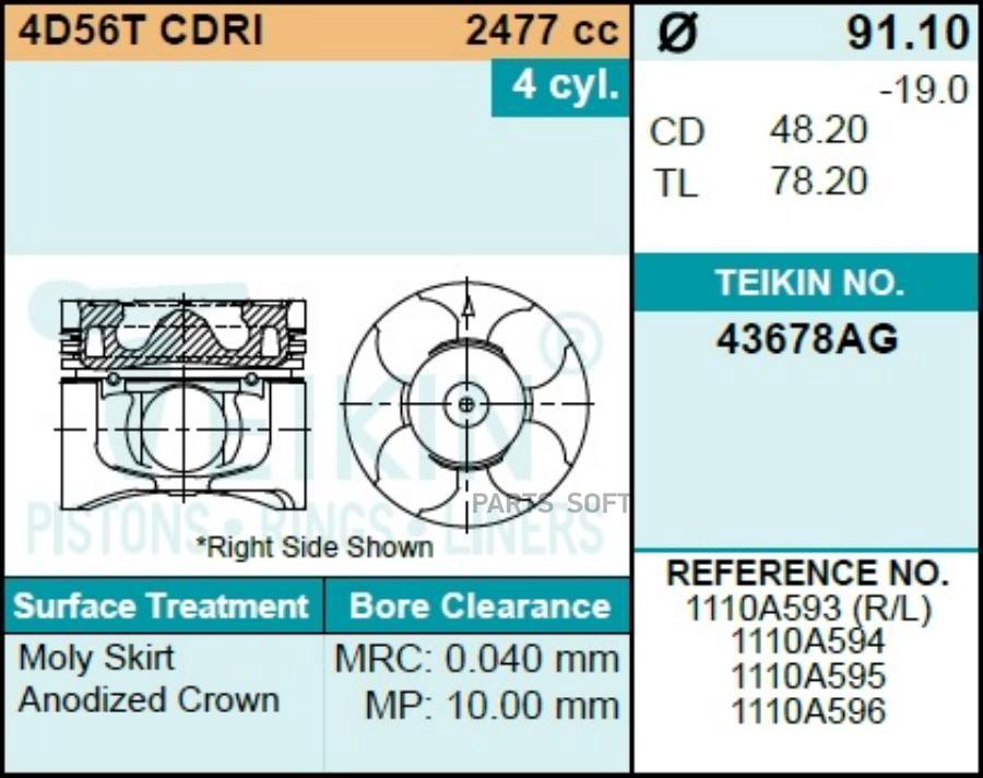 TEIKIN 43678AGSTD Поршень без колец Mitsubishi 4D56T CDRI ALFIN d91.1 STD 1110A593/1110A59