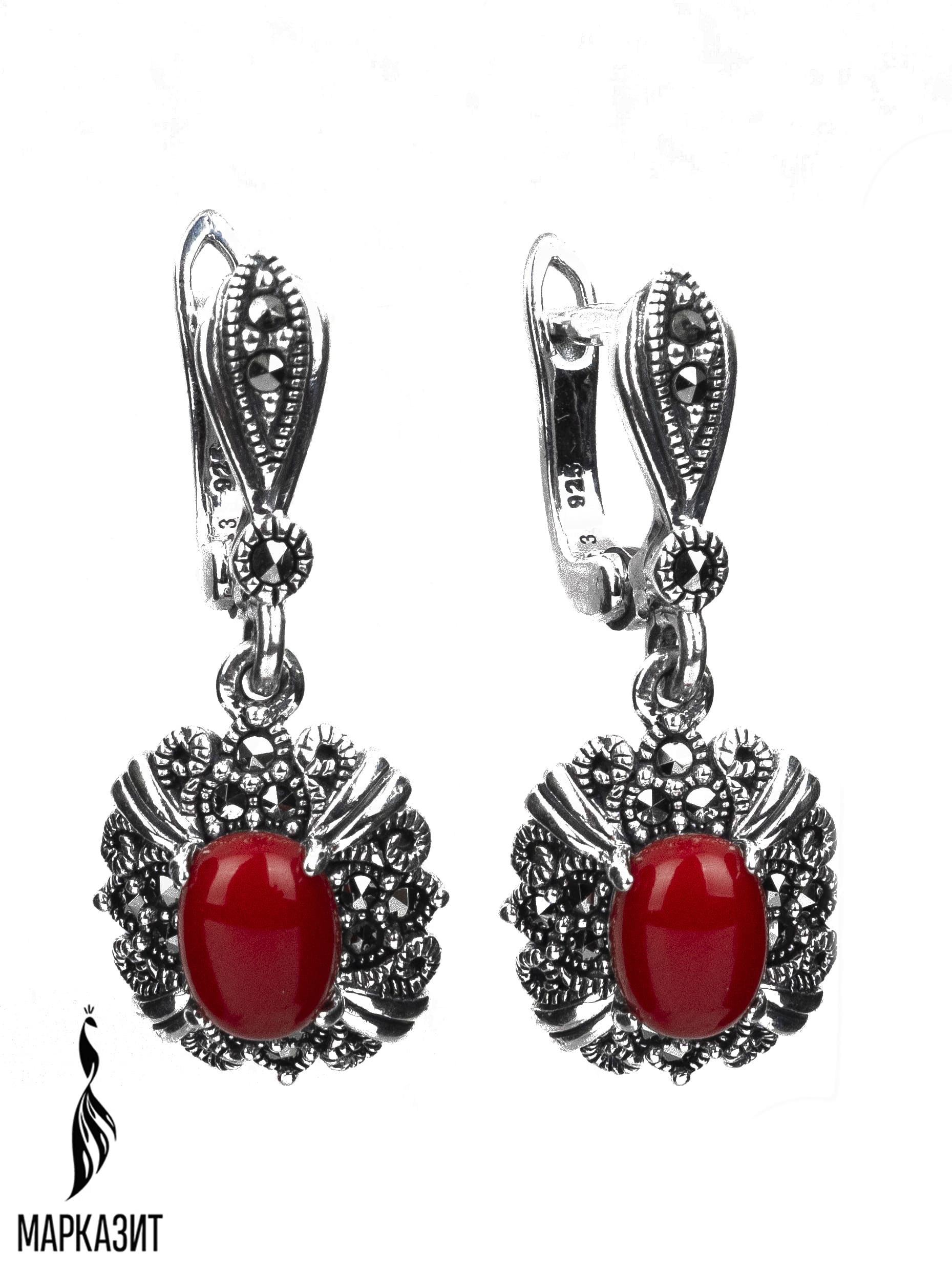 

Серьги из серебра с марказитом/кораллом искусственным Марказит HE1147, HE1147_марказит, коралл синт.