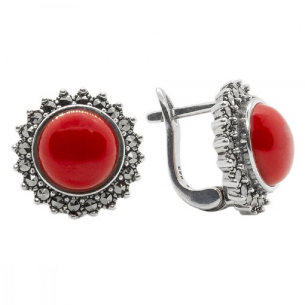 

Серьги из серебра с марказитом/кораллом искусственным Марказит HE1149, HE1149_марказит, коралл синт.