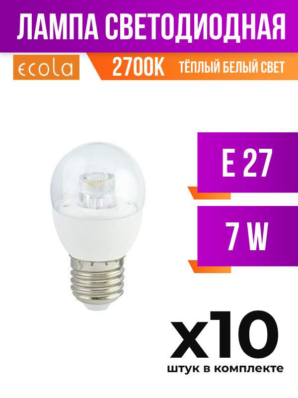 

Лампа светодиодная Ecola E27 7W G45 2700K прозрачная, арт. 523492, 10 шт, 523492