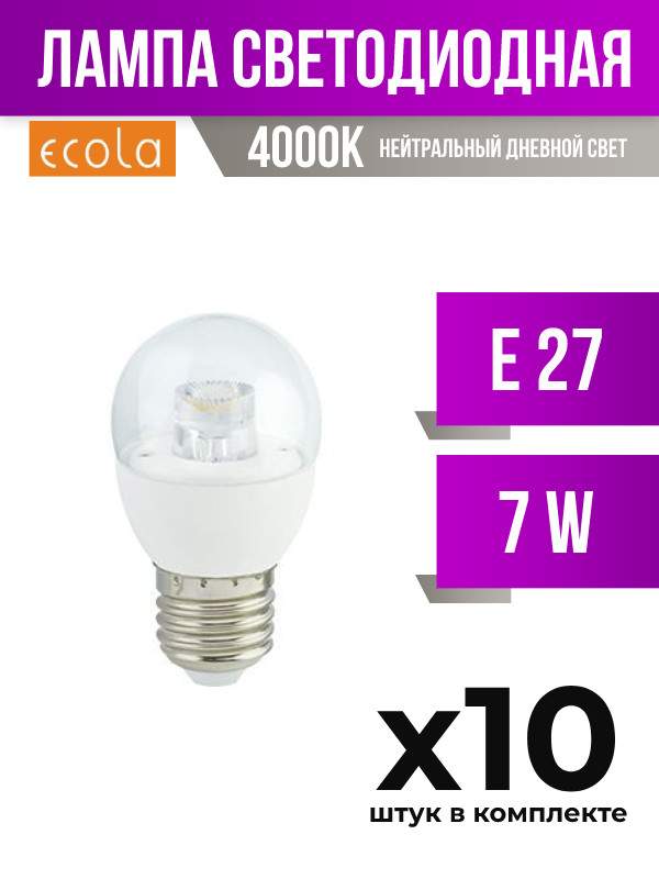 

Лампа светодиодная Ecola E27 7W G45 4000K прозрачная, арт. 523493, 10 шт., 523493