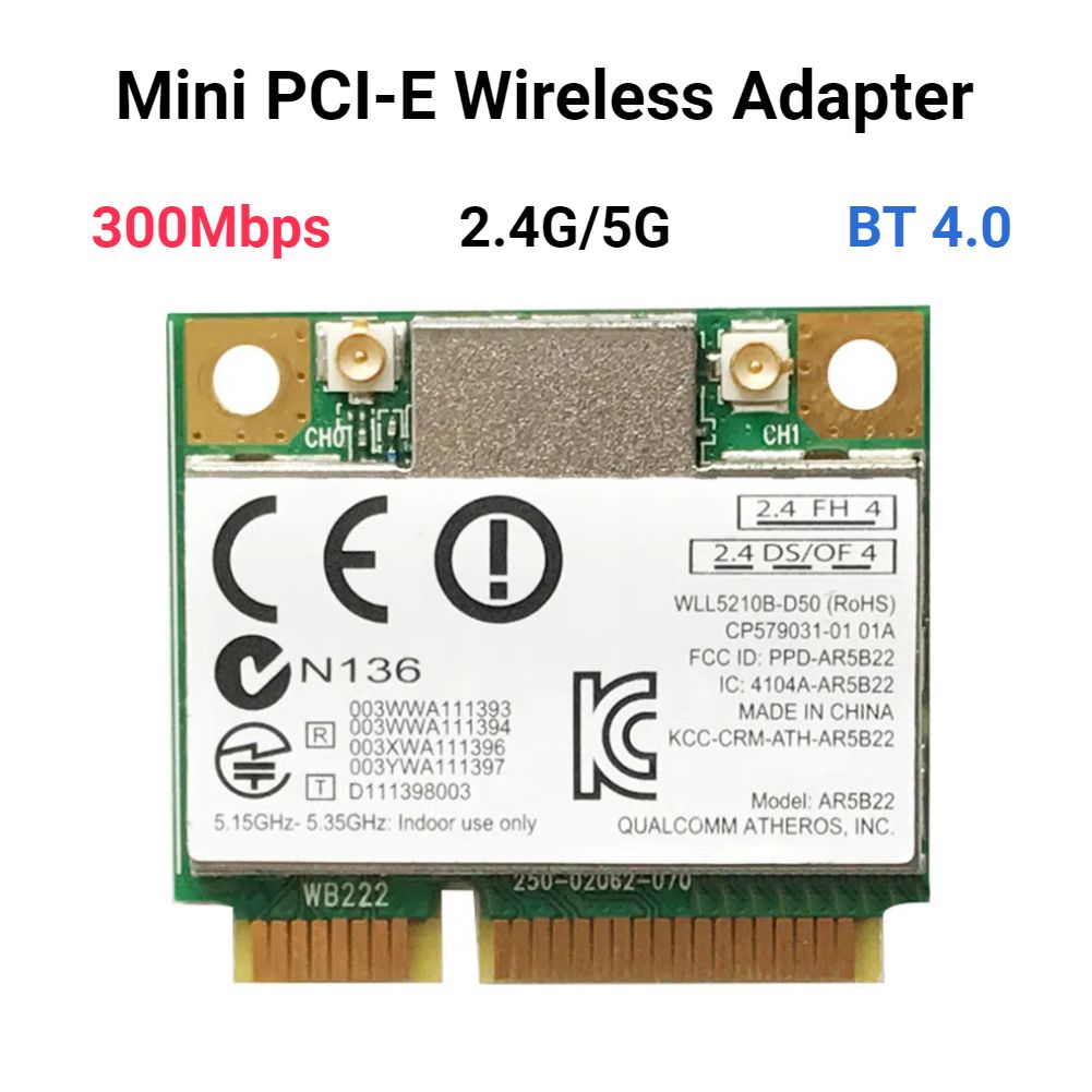 

Приемник Wi-Fi NoBrand для ноутбука Mini PCI-e 802.11n; 802.11a; 802.11g, Зеленый;белый