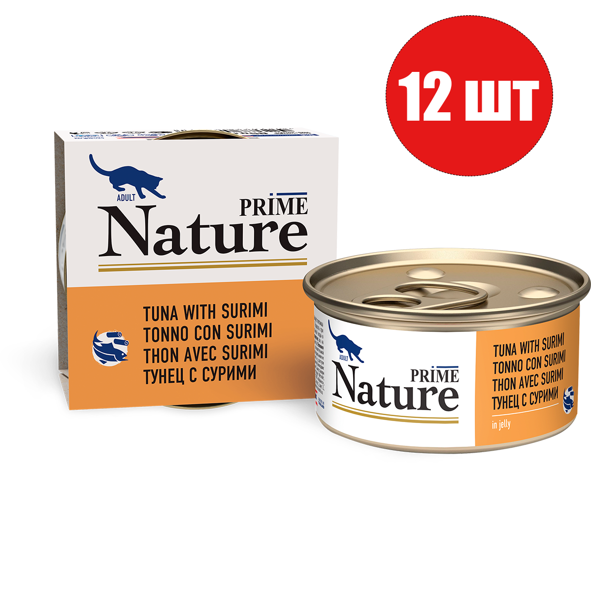 

Консервы для кошек Prime Nature с тунцом и сурими в желе, 12шт по 85г