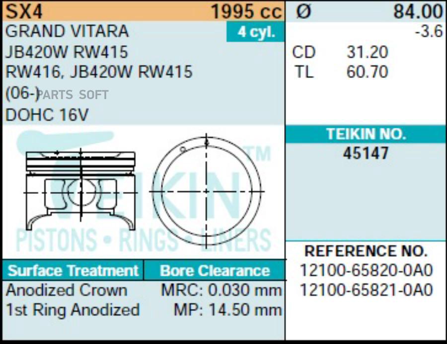 TEIKIN 45147 STD Поршни к-т 4 шт SUZUKI SX4/GRAND VITARA J20A 05- 1шт