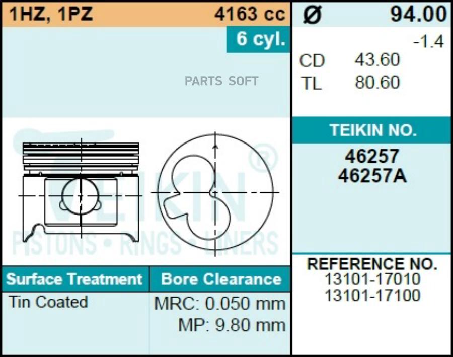 

Поршень Без Колец ( Цена За 1 Шт) Toyota 1Hz D94.0+0.50 TEIKIN 46257050