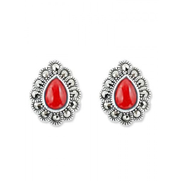 

Серьги из серебра с марказитом/кораллом искусственным Марказит HE1264, HE1264_марказит, коралл синт.