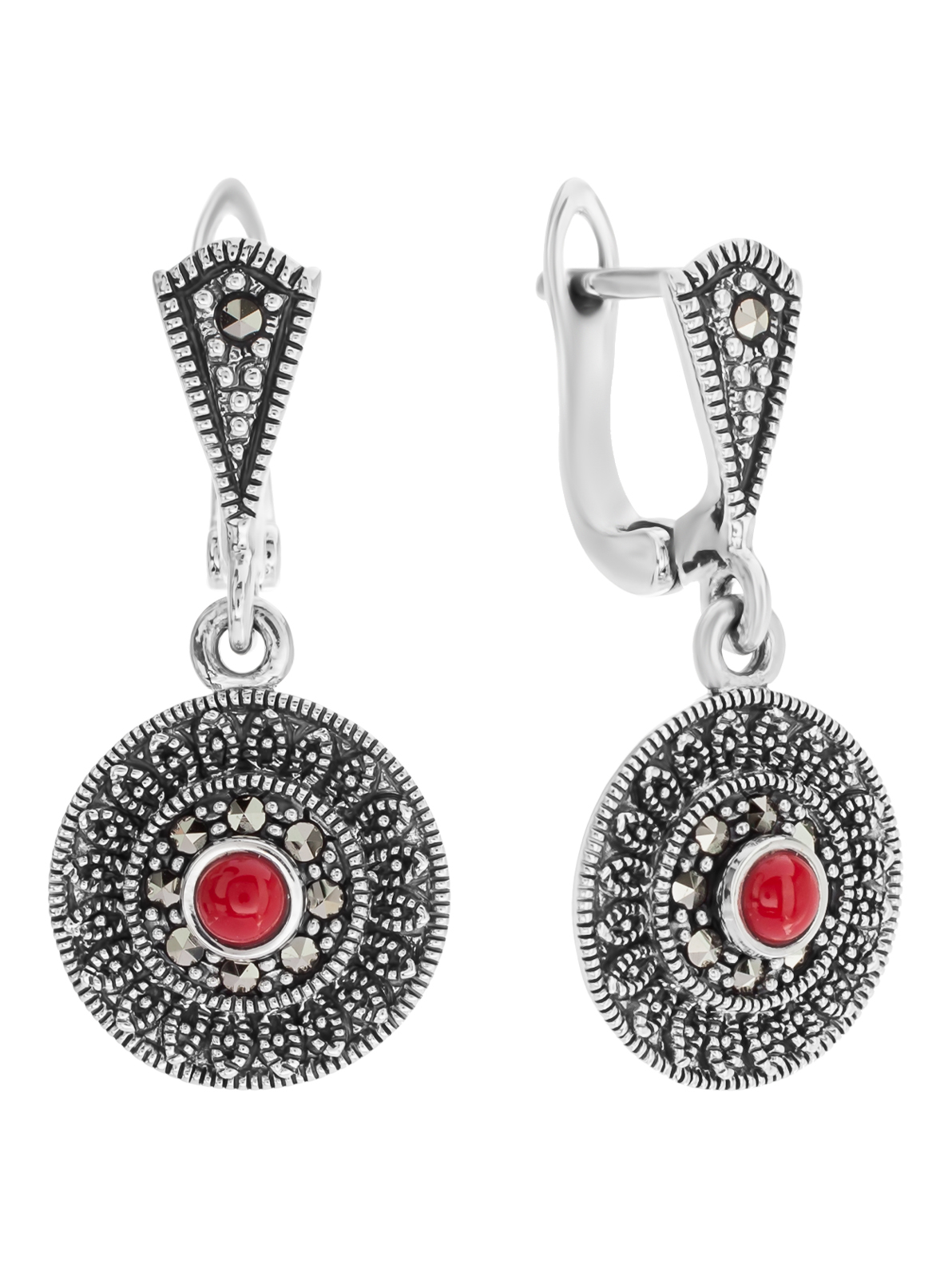 

Серьги из серебра с марказитом/кораллом искусственным Марказит HE1355, HE1355_марказит, коралл синт.