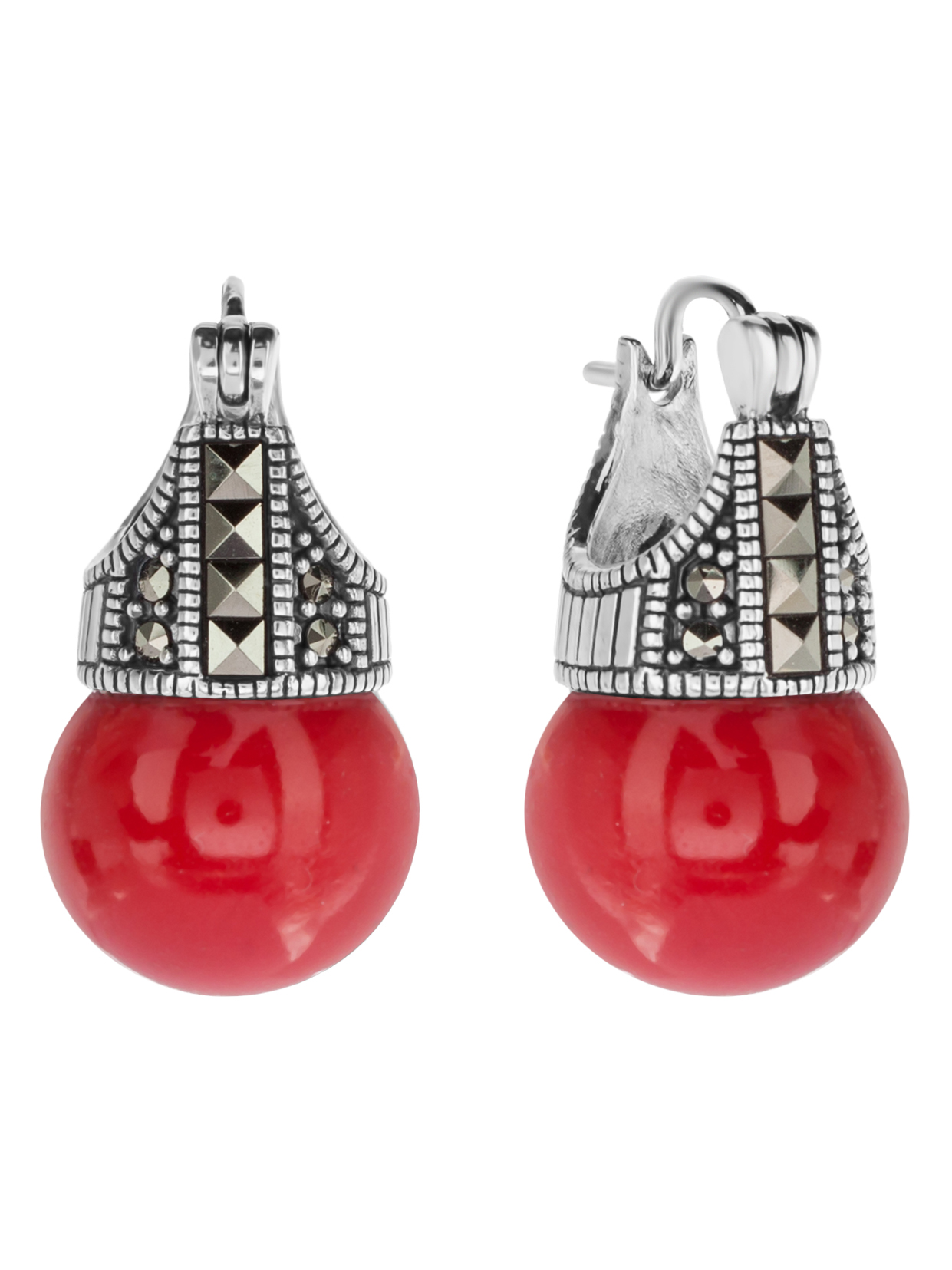 

Серьги из серебра с марказитом/кораллом искусственным Марказит HE1421, HE1421_марказит, коралл синт.