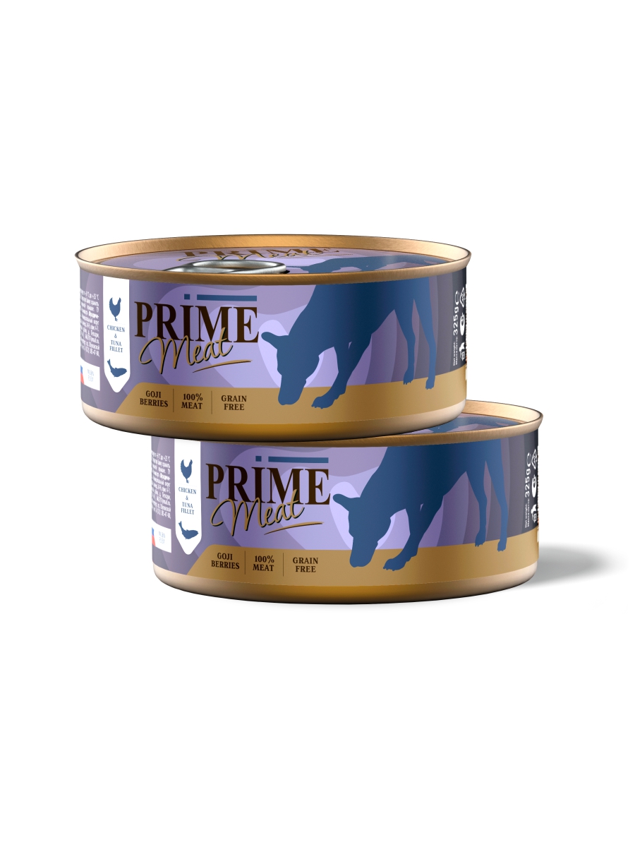 Консервы для собак Prime, курица, тунец, 2шт по 325г
