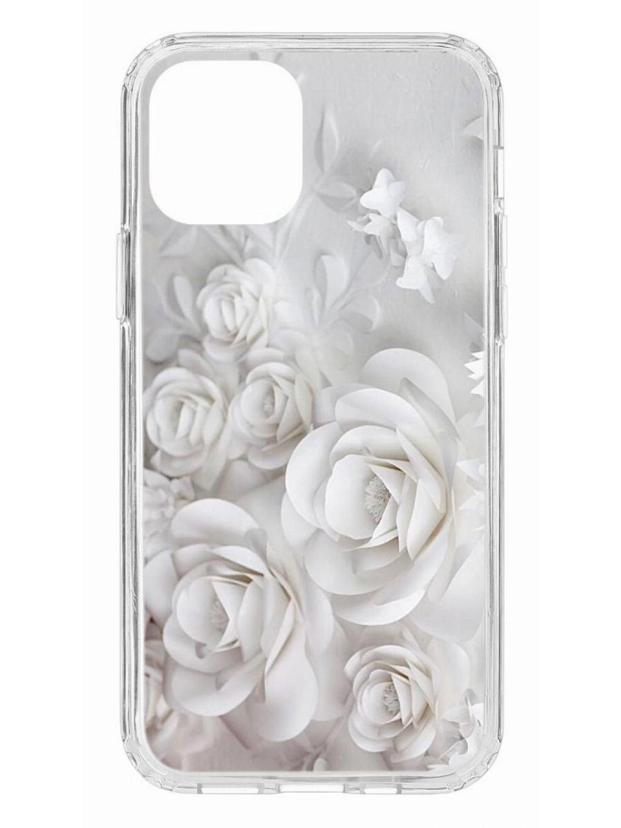 фото Противоударный чехол для iphone 12/12 pro кruче print white roses прозрачный с рисунком