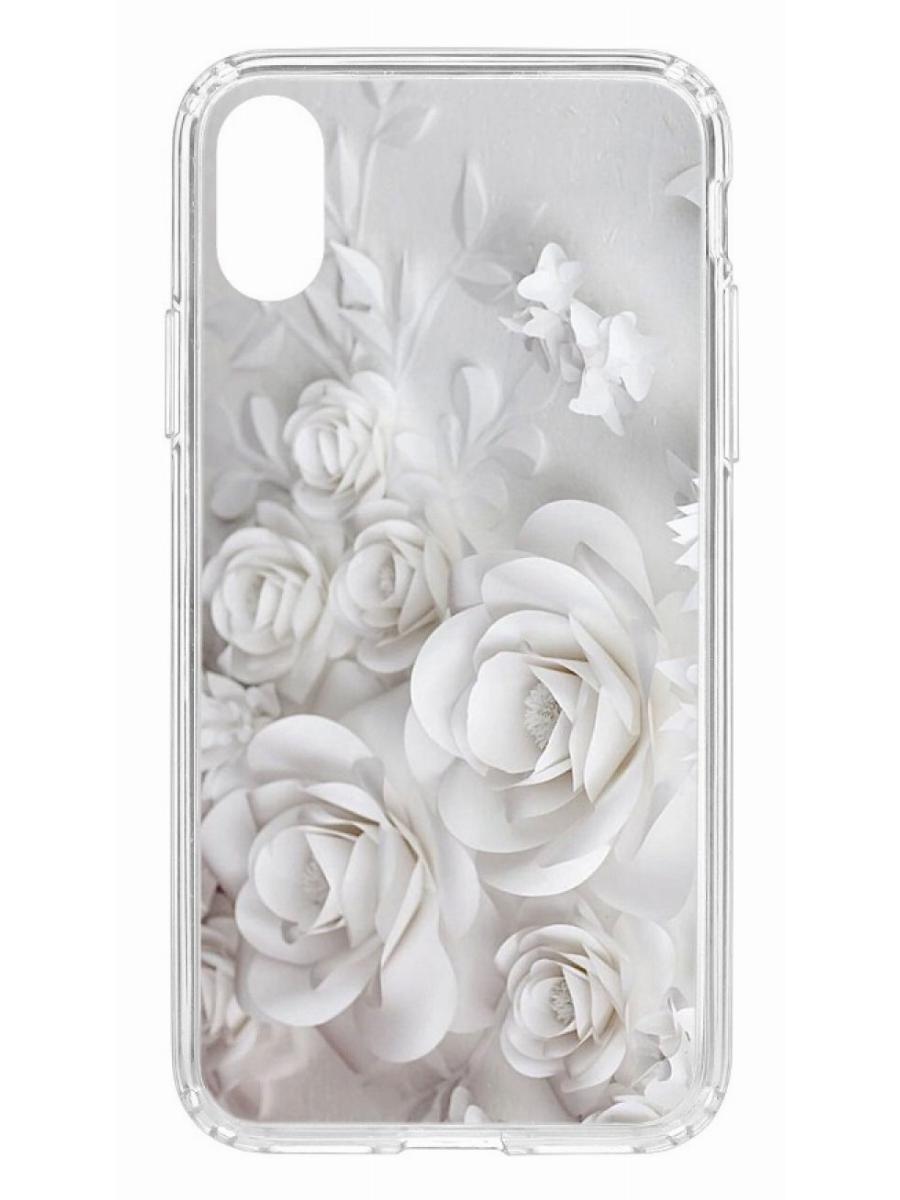 фото Противоударный чехол для apple iphone x/xs кruче print white roses прозрачный с рисунком