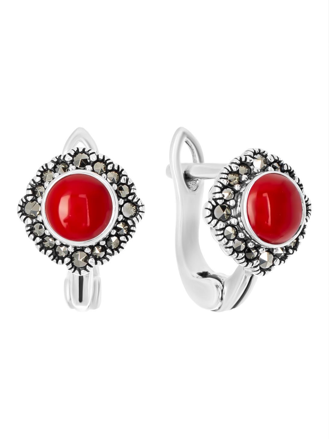 

Серьги из серебра с марказитом/кораллом искусственным Марказит HE1586, HE1586_марказит, коралл синт.