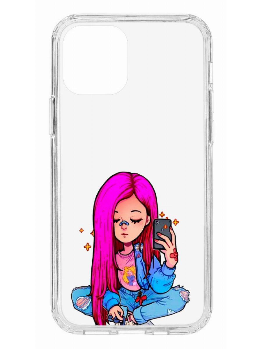 фото Противоударный чехол для iphone 12/12 pro кruче print pink hair прозрачный с рисунком