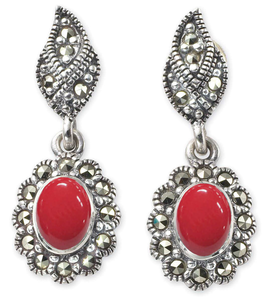

Серьги из серебра с марказитом/кораллом искусственным Марказит HE293, HE293_марказит, коралл синт.