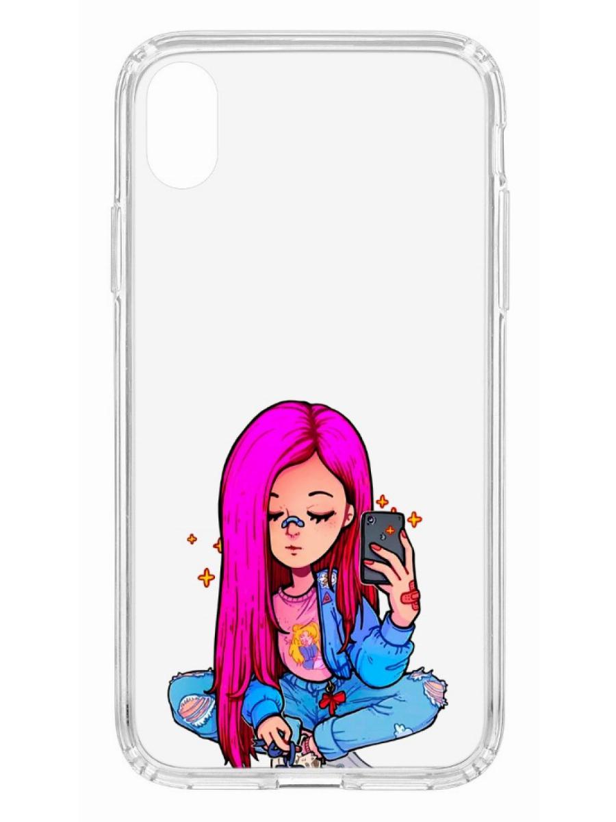 фото Противоударный чехол для apple iphone xr кruче print pink hair прозрачный с рисунком