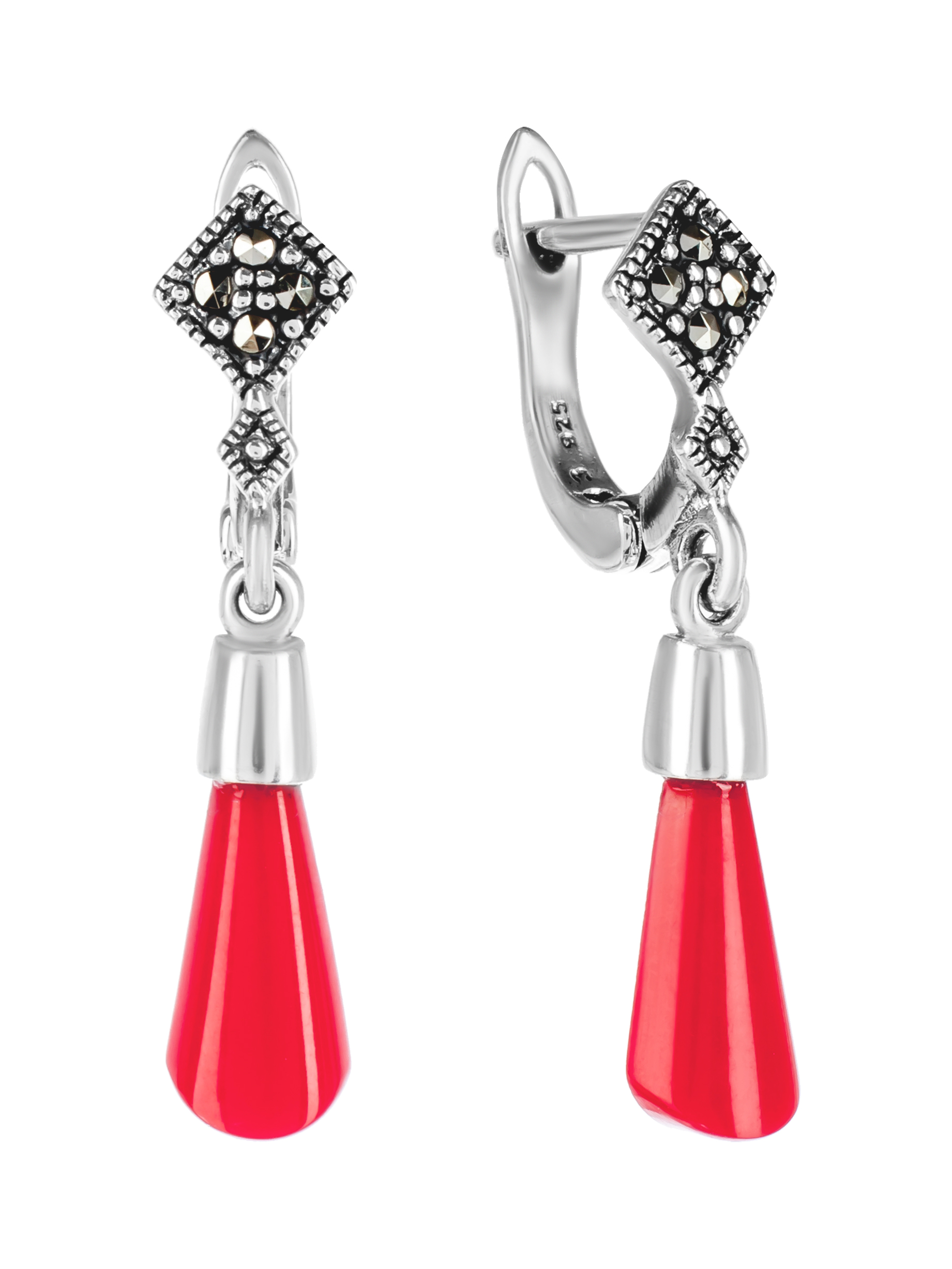 

Серьги из серебра с марказитом/кораллом искусственным Марказит HE345, HE345_марказит, коралл синт.