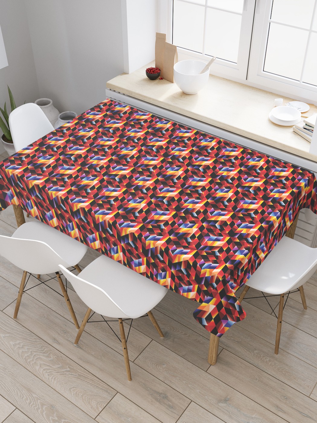 фото Скатерть прямоугольная joyarty на кухонный стол "кубы в квадратах" из оксфорда, 180x145 см