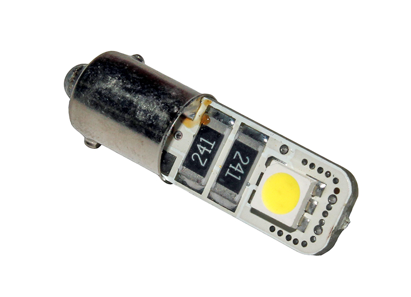 Светодиод 12V T4W BA9s 2SMD (повт.ук.пов.габар.) белый (size 5050) c резистором (YADA)