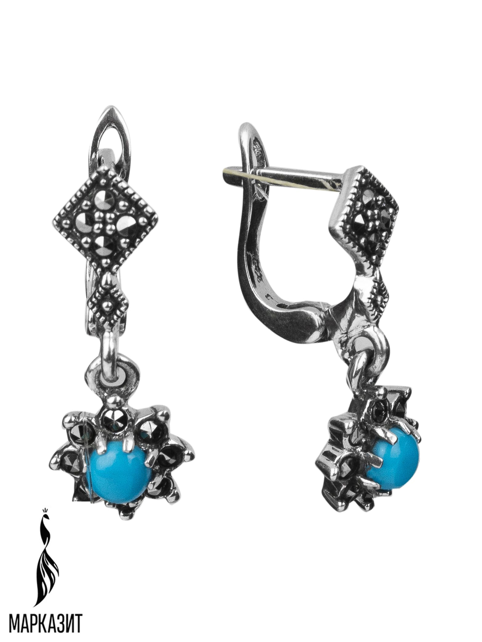 

Серьги из серебра с марказитом/бирюзой искусственной Марказит HE475, HE475_марказит, бирюза синт.