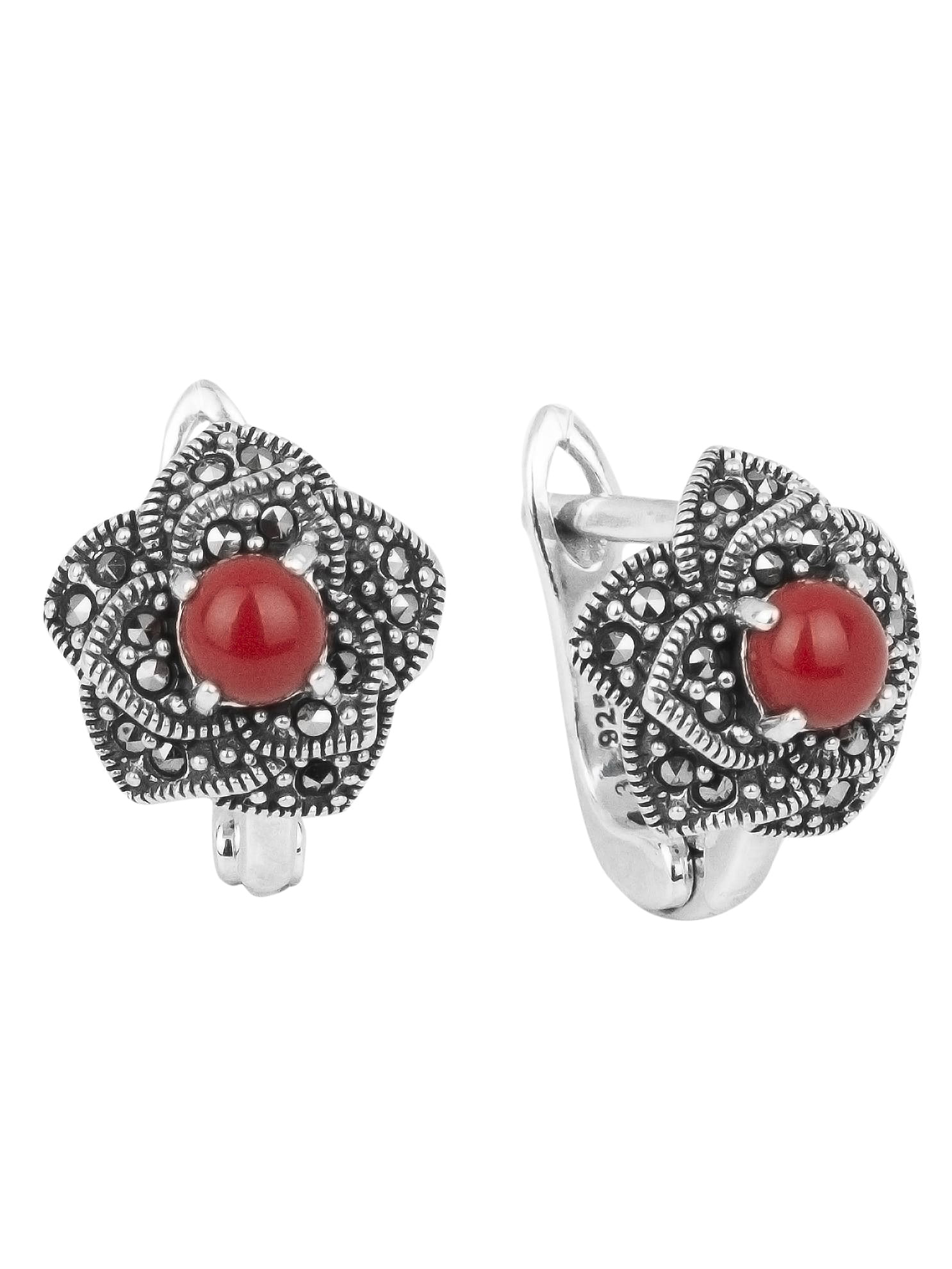 

Серьги из серебра с марказитом/кораллом искусственным Марказит HE841, HE841_марказит, коралл синт.