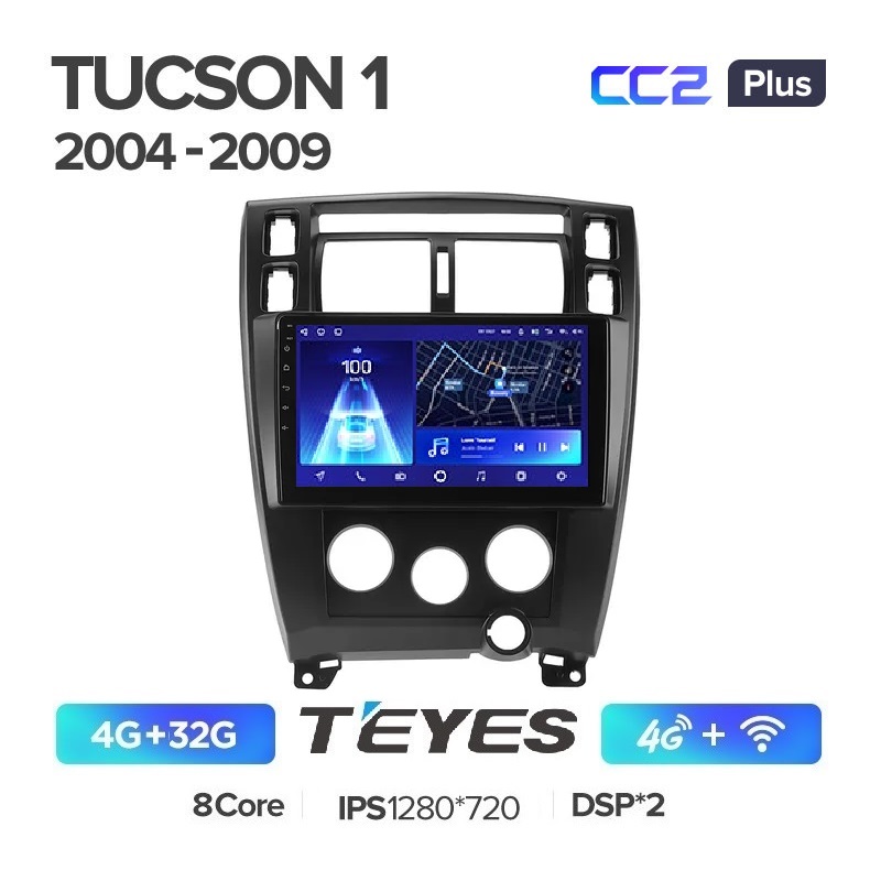 Автомобильная магнитола Teyes CC2 plus 4/32Гб Hyundai Tucson 2004-2009 черная рамка