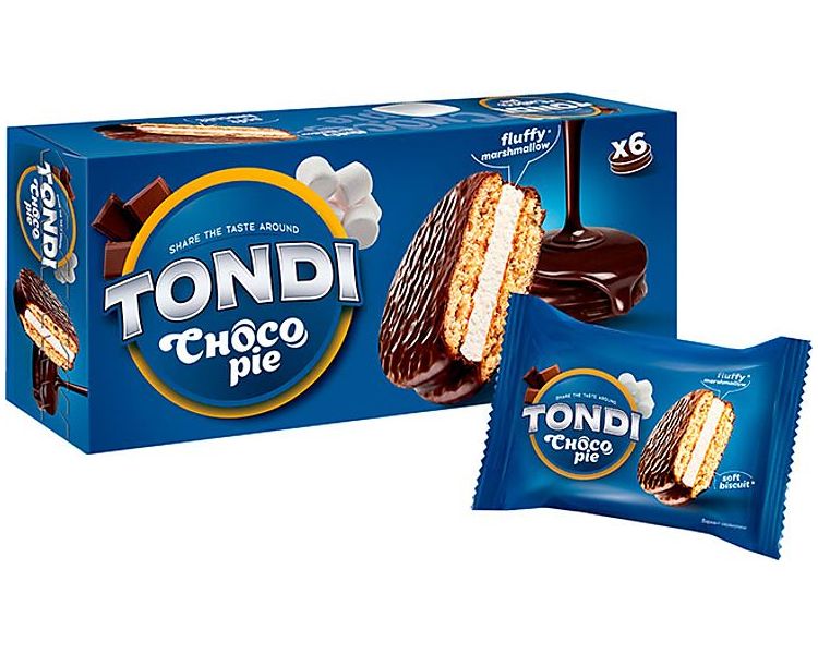 фото Печенье-сэндвич tondi choco pie бисквитное с ванильным маршмеллоу в глазури +-500 г