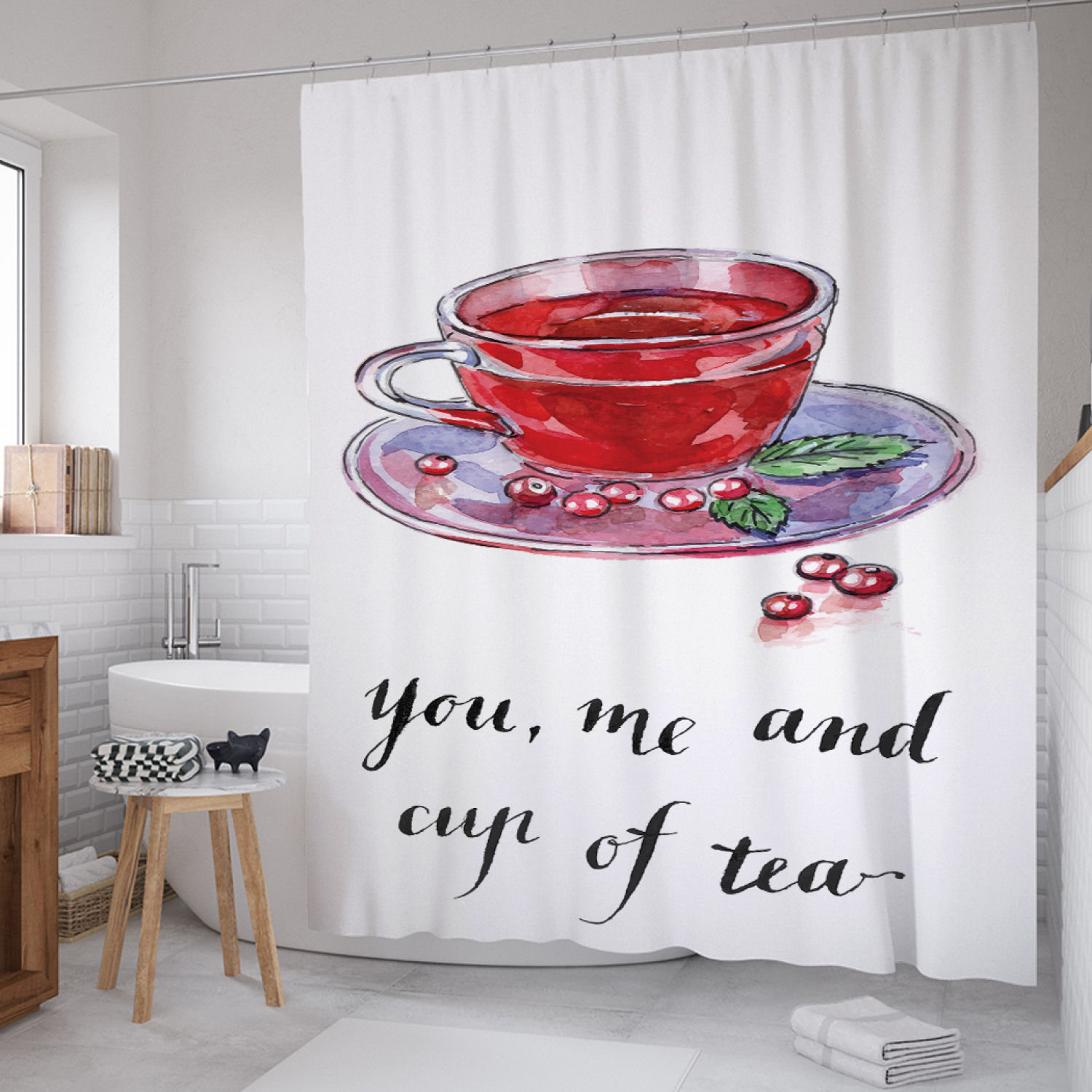 

Штора для ванной JoyArty "Чай с клюквой" из сатена, 180х200 см с крючками, Белый, Чай с клюквой